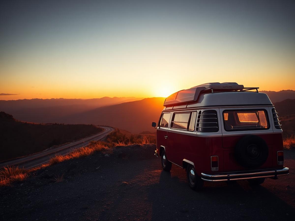 Campervan parked at a scenic overlook at sunset